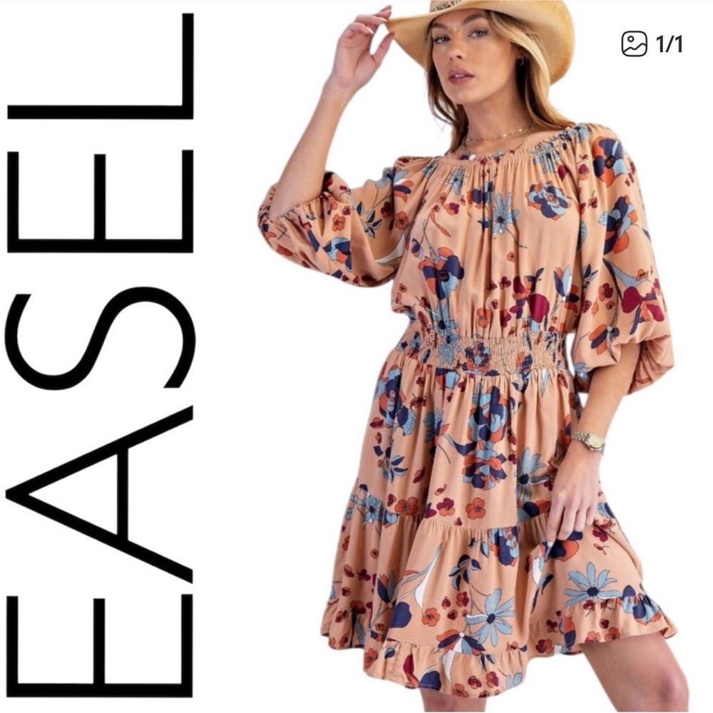Peach Floral Smocked Waist Dress NWT